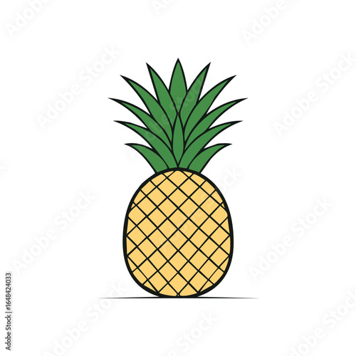 A detailed illustration of a ripe pineapple, showcasing its textured skin and vibrant green crown.