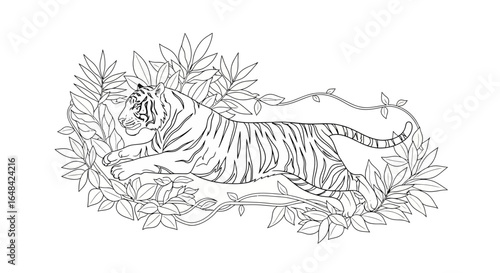 majestic tiger in lush jungle foliage line art for coloring books adult coloring pages tattoo designs and naturethemed projects