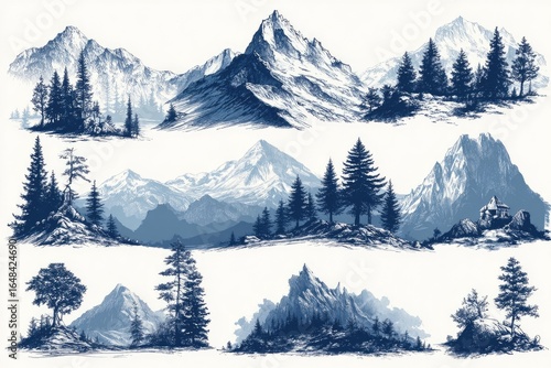 Wallpaper Mural Detailed ink sketch of various mountain landscapes with forests and snow Torontodigital.ca