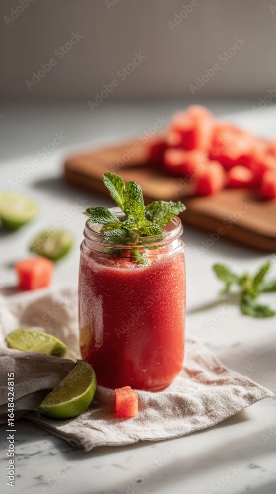 Bright, refreshing summer smoothie is served in a clear glass jar. Garnished with mint, it's accompanied by lime slices and fresh watermelon pieces on a countertop Bright, refreshing summer smoothie is served in a clear glass jar. Garnished with mint, it's accompanied by lime slices and fresh watermelon pieces on a countertop