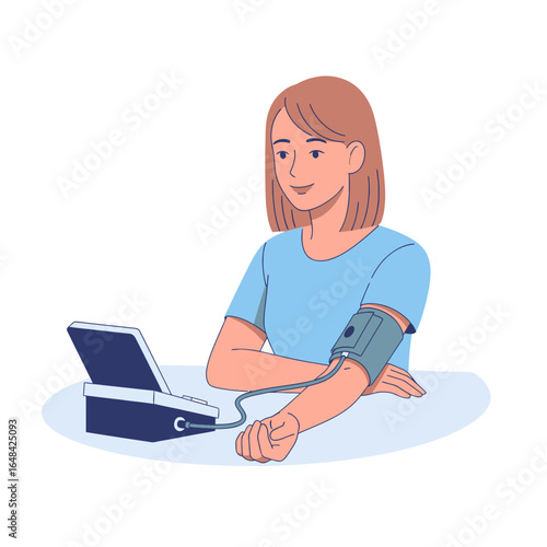 Vector illustration set of a woman checking blood pressure with a monitor.