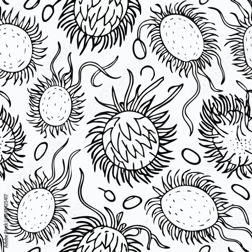 Black and white illustration of multiple microorganisms with spiky exteriors and long, wavy appendages.