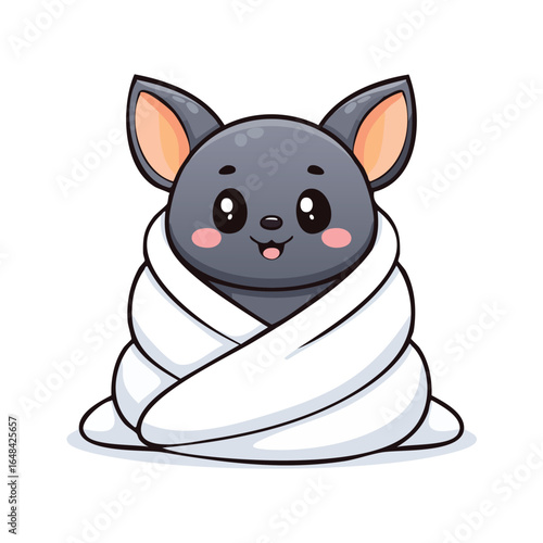 Cute cartoon bat wrapped in a white towel, smiling with a happy expression.