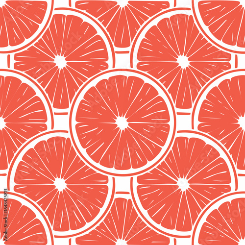Seamless pattern of sliced grapefruit, showcasing vibrant red segments and white outlines.