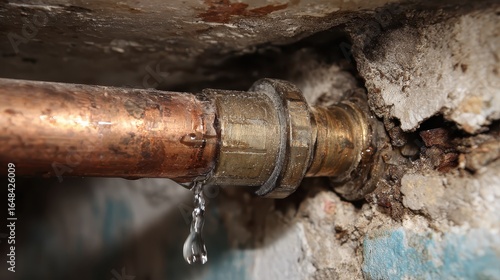Leaky copper pipe joint with water dripping on a concrete wall background. Use for home repair, plumbing, or building maintenance concepts.