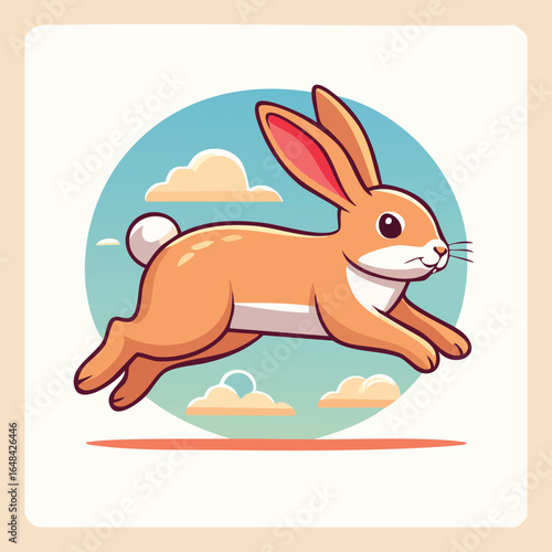 A cheerful cartoon illustration of a brown rabbit leaping through the air with a fluffy white tail.