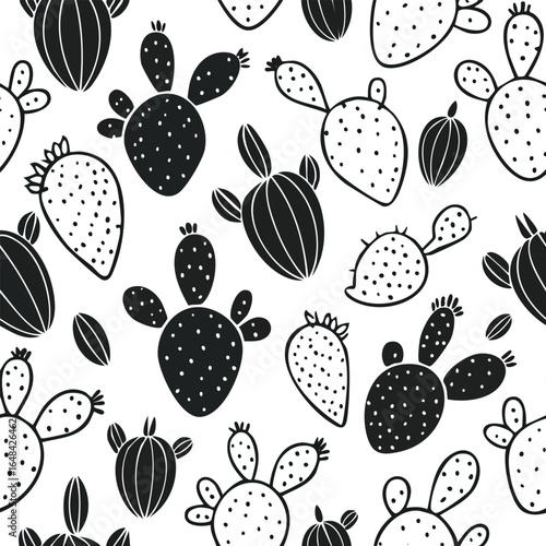 Black and white seamless pattern of various cactus plants on a white background.