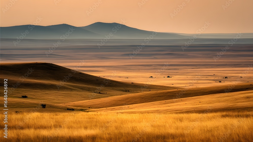 Fototapeta premium Golden, rolling hills stretching to distant mountains.