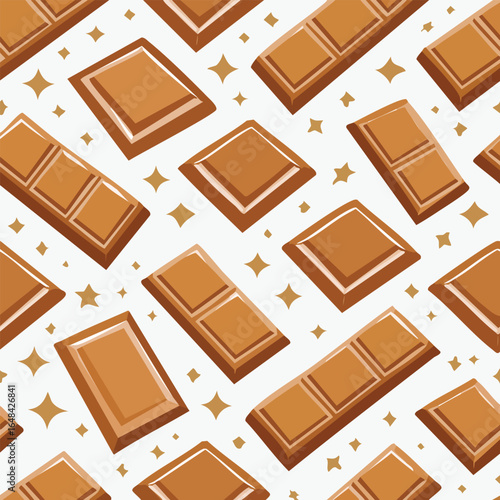 A repeating pattern of various chocolate bar pieces on a white background with star shapes.