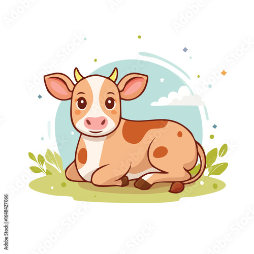A cute cartoon illustration of a brown and white cow resting on green grass with a blue background.