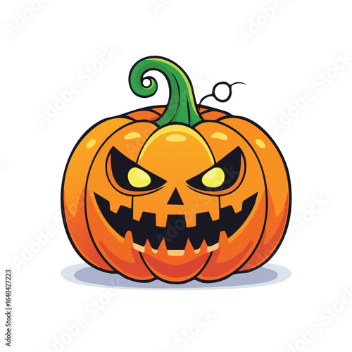 A vibrant cartoon illustration of a carved Halloween pumpkin with a menacing expression and glowing eyes.