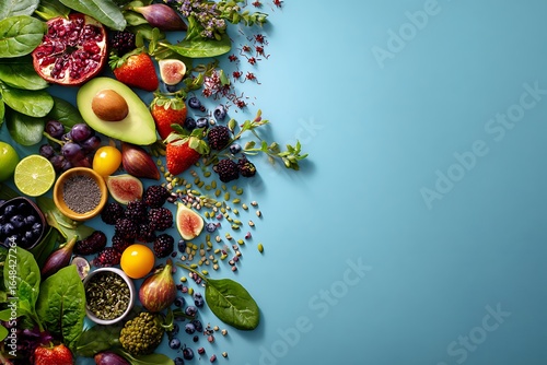 Healthy Food Assortment with Fruits Vegetables Nuts and Seeds on Blue Surface healthy eating fresh food