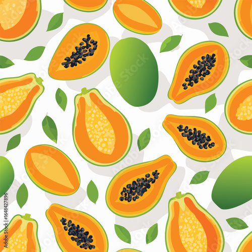 Vibrant illustration of papaya fruits, cut open to reveal seeds, with green leaves on white background.