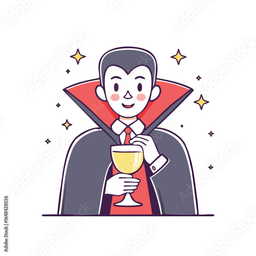 A cartoon vampire, smiling and holding a glass of liquid, with a cape and stars.