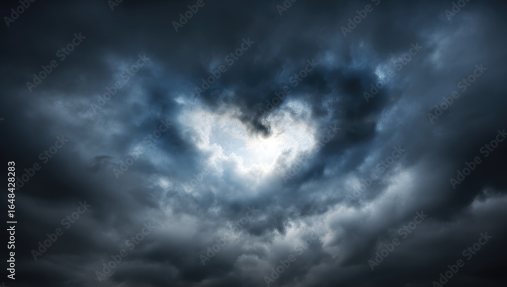 Obraz premium Heart-shaped hole in dark storm clouds