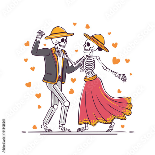 Illustration of two skeletons dancing together, wearing hats and formal attire, surrounded by hearts.