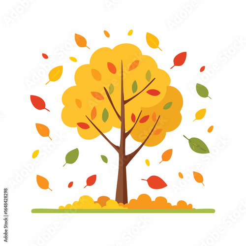 Illustration of a tree with yellow and orange leaves falling, representing autumn season.