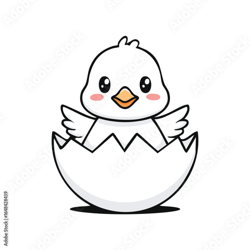 Adorable cartoon illustration of a baby chick hatching from a cracked eggshell, smiling happily.