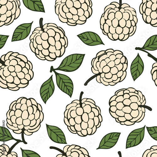 Seamless pattern featuring custard apples and green leaves on a white background, perfect for design.
