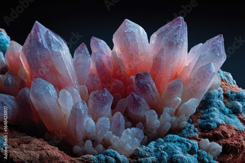 Cluster of vibrant, pointed crystals, shades of pink and purple, nestled in a dark, earthy backdrop