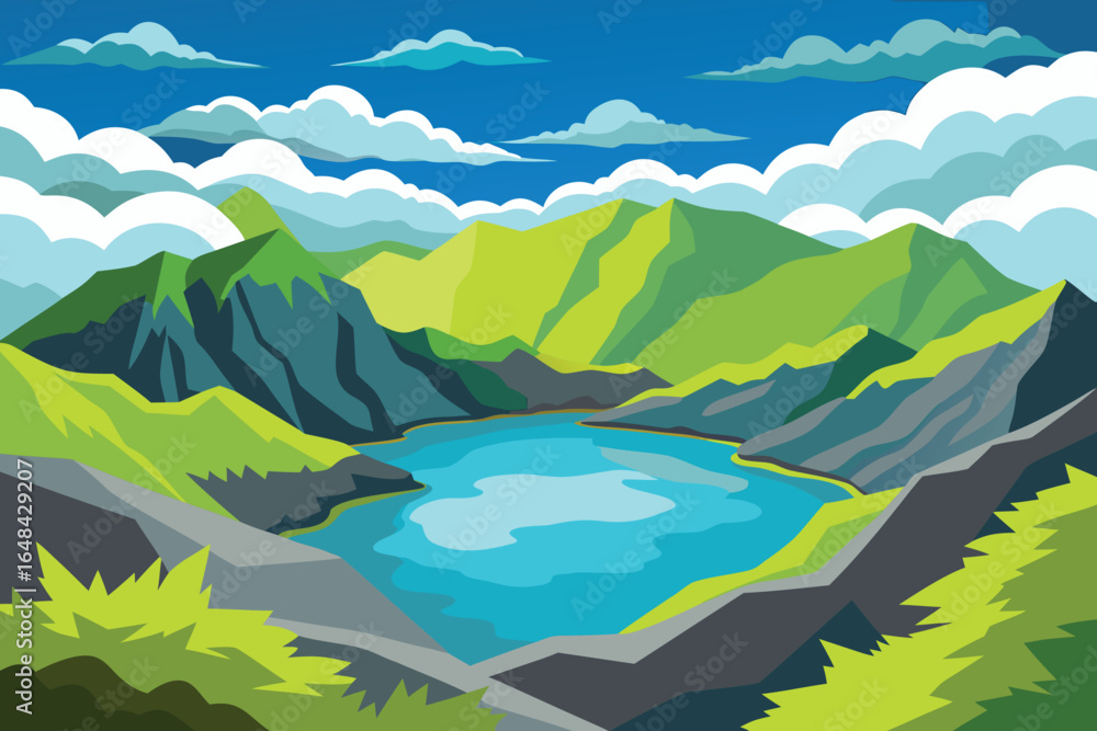 Mountain Lake Landscape with Green Hills, Blue Sky and Clouds Illustration Art Mountain Lake Landscape with Green Hills, Blue Sky and Clouds Illustration Art