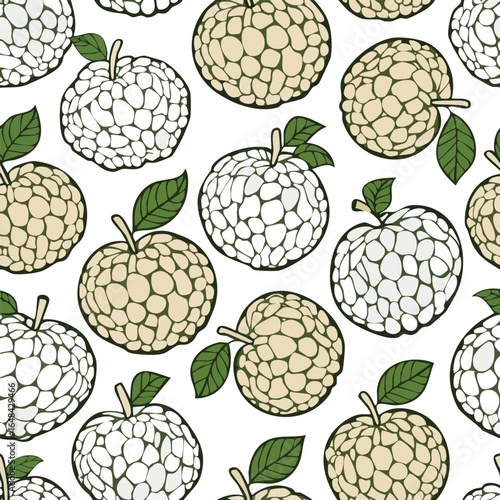 Seamless pattern of stylized custard apples with green leaves, perfect for textile design.