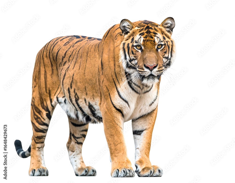 Fototapeta premium Tiger, standing, facing forward, against white
