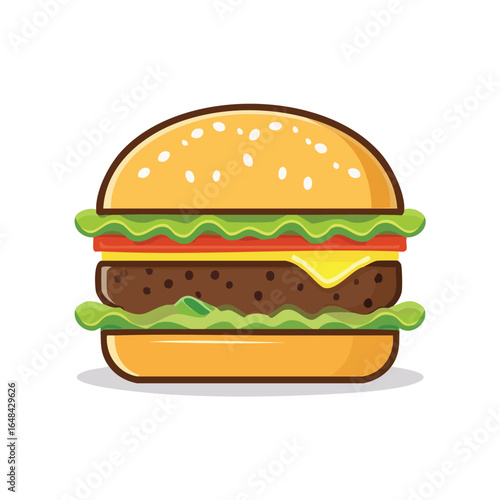 A vibrant illustration of a classic hamburger, featuring layers of ingredients and a sesame seed bun.