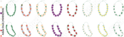 Collection of colorful Hawaiian lei garlands. Vector set of traditional Polynesian flower necklaces for celebration and luau parties.
