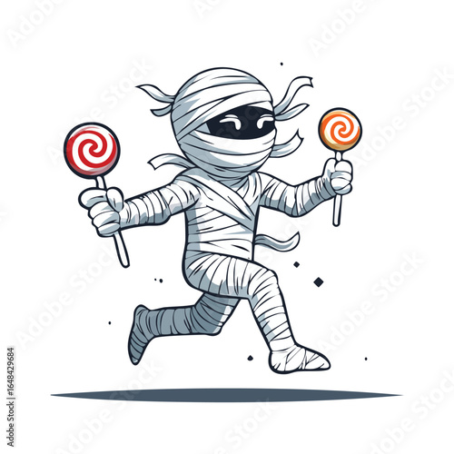 Cartoon illustration of a mummy character running and holding two colorful lollipops, Halloween theme.