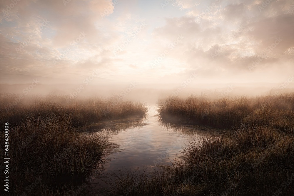 Fototapeta premium Misty sunrise over a tranquil marsh