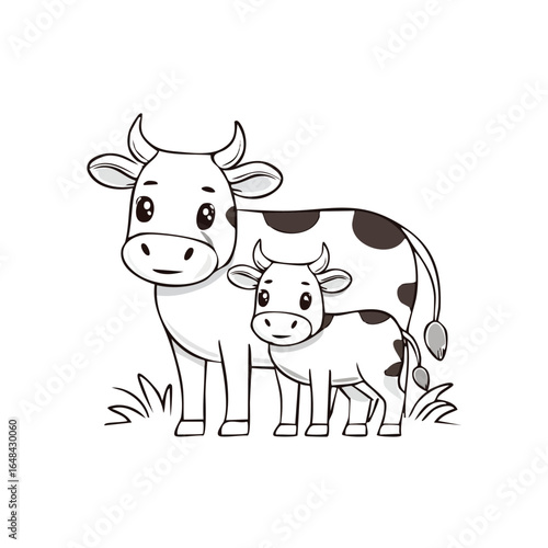 A charming illustration of a mother cow and her calf standing together in a grassy field.
