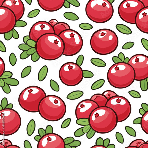 Seamless pattern of ripe, red cranberries with green leaves, perfect for backgrounds.