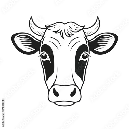 Black and white illustration of a cow's head, showcasing detailed features and design.
