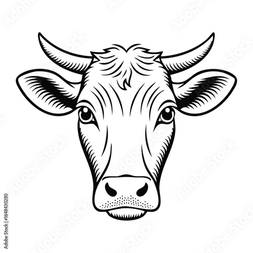Black and white illustration of a cow's head, showcasing detailed lines and features.