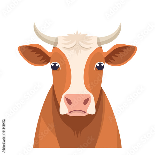 Close-up illustration of a brown and white cow with horns, looking directly at the viewer.