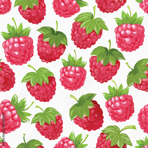 Vibrant illustration of a seamless pattern featuring numerous ripe, juicy raspberries with green leaves.