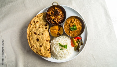 Indian Thali with Roti, Rice, and Curries on a White Plate, A Delicious and Colorful Indian Meal with Bread, Rice, Vegetables, and Sauces