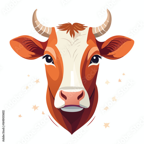Close-up illustration of a cow's head, showcasing its horns, eyes, and facial features in detail.