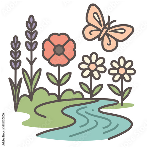  a pure white background that represents a riverside garden, including a flowing river