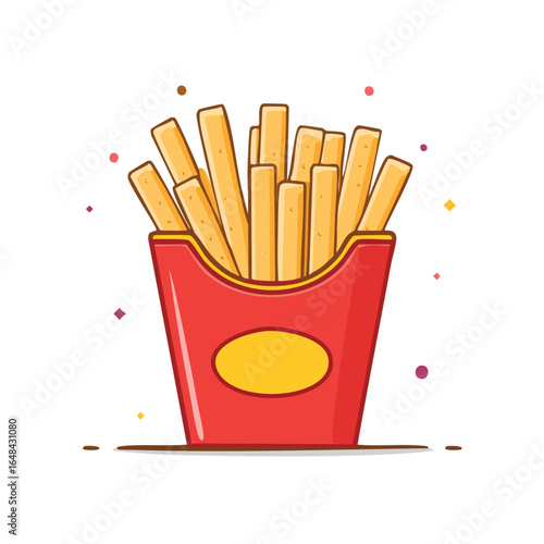 Illustration of a red container filled with golden french fries, a popular fast food.