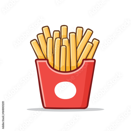 A cartoon illustration of a red paper container filled with golden french fries, a popular fast food.