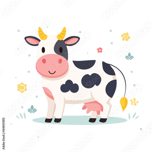 A cheerful cartoon illustration of a black and white cow standing on grass with flowers.