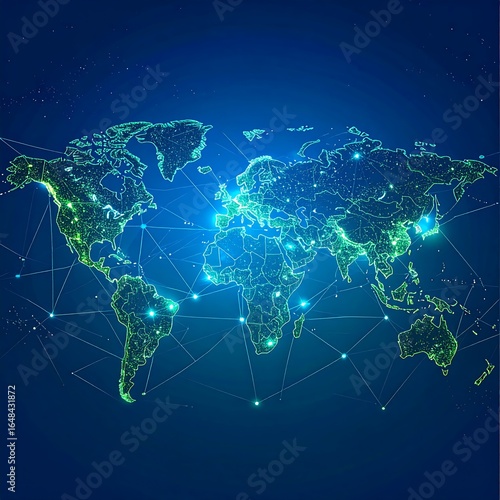 Glowing green polygonal world map on a dark blue background, connected by lines