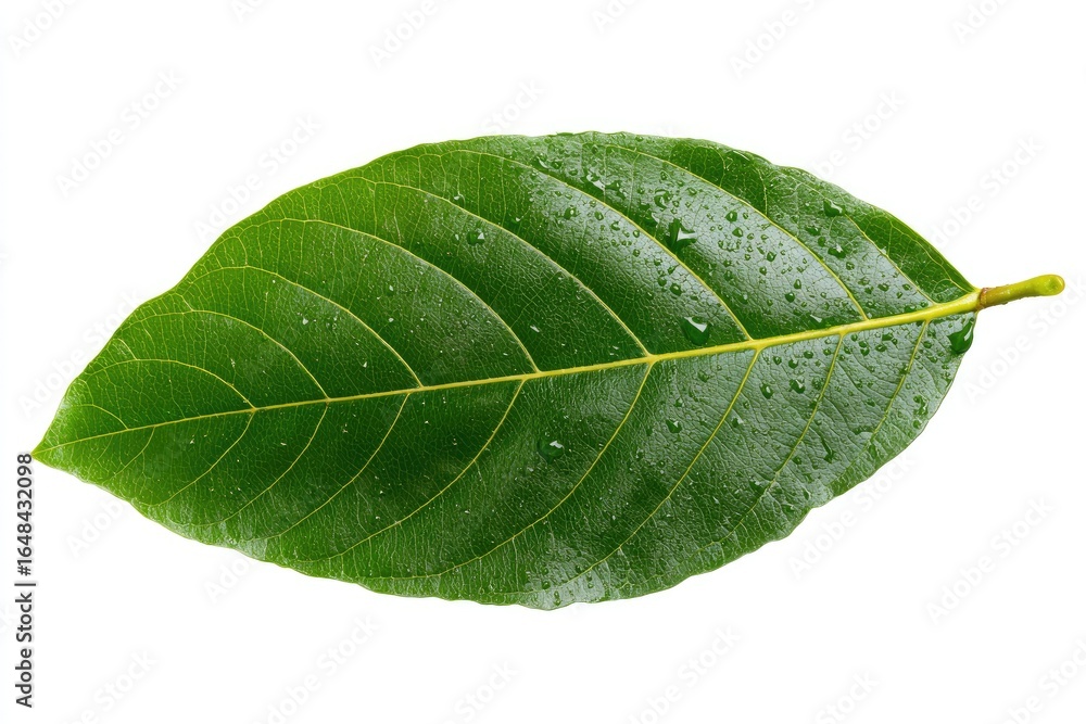 Obraz premium Close-up of a vibrant green leaf with water droplets