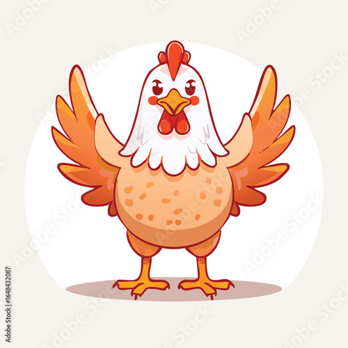 Cartoon illustration of a chicken with orange feathers and a red comb, standing proudly.