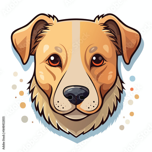 A detailed illustration of a friendly dog's face, featuring a light brown and white coat with expressive eyes.