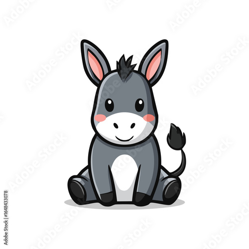 Cute cartoon donkey sitting with a happy expression, featuring a gray body and black tail.