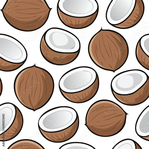 Seamless pattern of fresh coconuts, whole and halved, arranged on a white background.