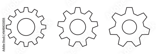 Gear in one line art style. Gear drawing with editable black stroke on white background. Outline gears vector. Setting, cogwheel, gear icon element set. Gears shapes line icons. Vector illustration.